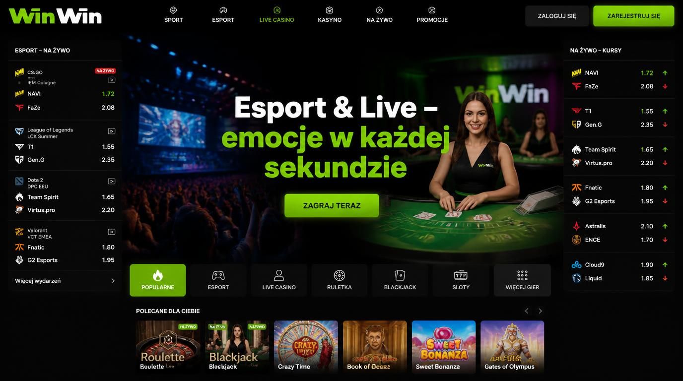 Interfejs esportowy z częścią live casino na tle emocji sportowych
