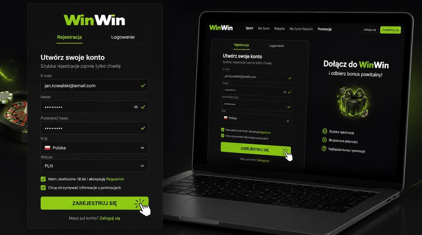 formularz rejestracji Winwinbet Casino przedstawiony na ekranie komputera po polsku