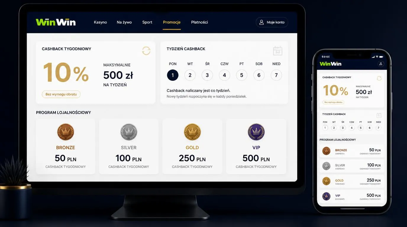 Panel promocji kasyna z cashbackiem 10% do 500 zł i cotygodniowymi nagrodami na czterech poziomach