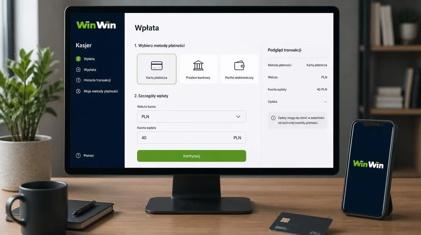 Panel płatności z saldem w PLN, polem wpłaty 40 PLN i wyborem karty, przelewu oraz portfela elektronicznego